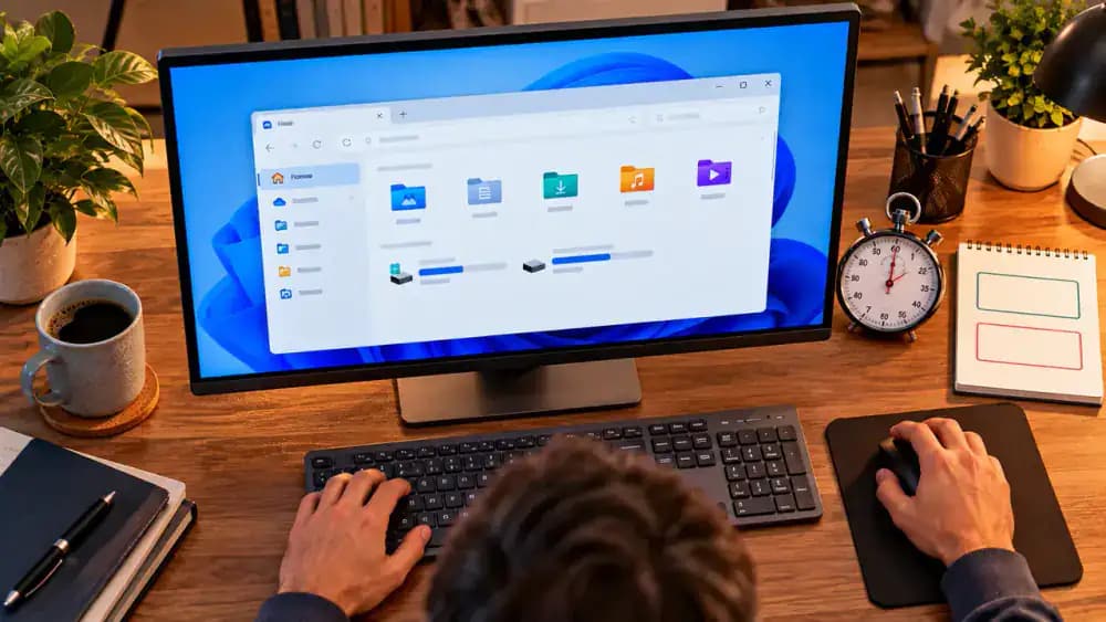 Windows 11 desktop workstation showing File Explorer open, a stopwatch measuring application launch time, and a worksheet comparing original and retest measurements under similar conditions.