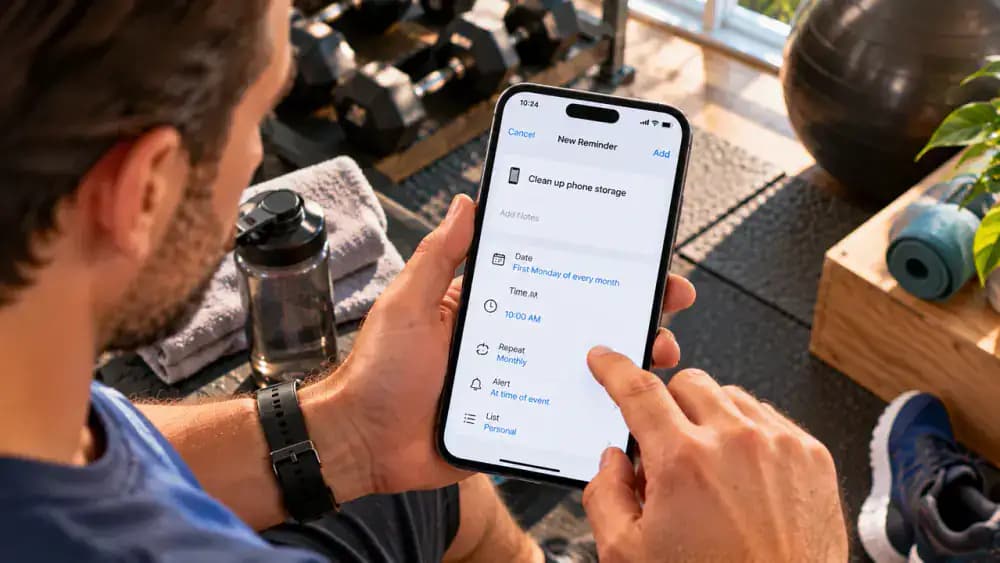 Android smartphone on a stand displaying a monthly Google Calendar reminder titled Phone Storage Check, with checklist items for reviewing storage usage, verifying photo backups, and clearing unnecessary downloads, as a person taps Save at a bamboo desk in a bright home fitness room.