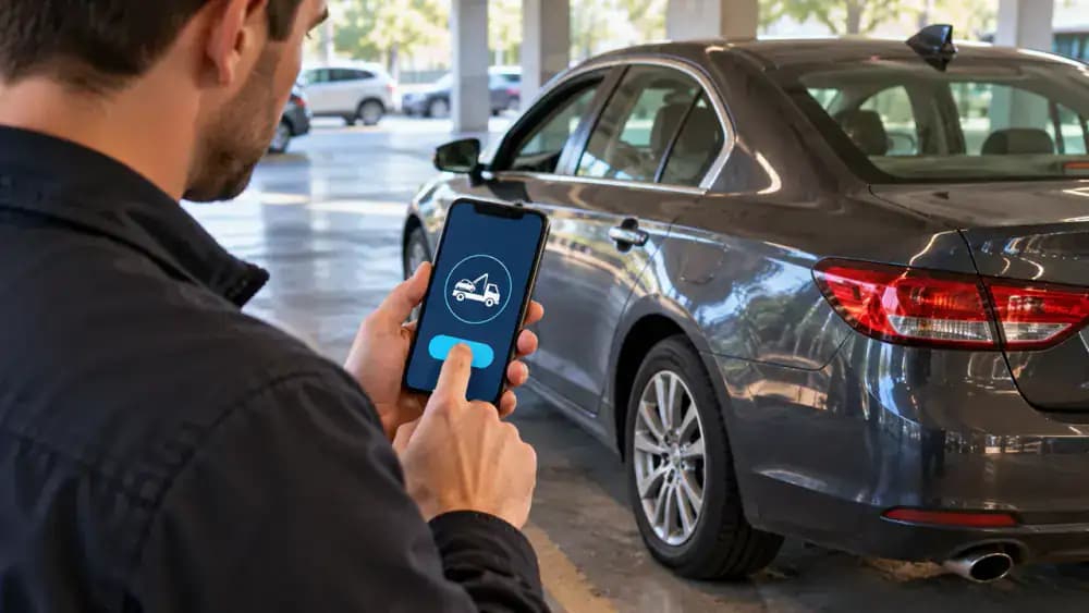 Tire safety checklist showing educational examples of a sidewall bulge, exposed cords, a severe sidewall cut, and a visibly flat tire, alongside a phone used to seek roadside assistance.