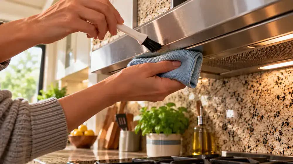 Fresh damp microfiber cloth wiping cleaner residue from a painted backsplash while a dry microfiber towel follows along the lower edge, with trim and electrical areas kept dry.