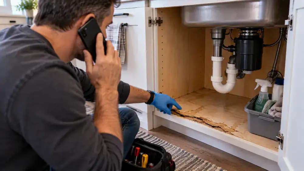 Side view through a partially open kitchen cabinet showing a damp line, raised laminate, and discolored panel edge beneath the sink. A person wearing blue protective gloves removes sealed cleaning bottles, attaches a warning tag to the cabinet handle, and contacts a plumber using a smartphone.