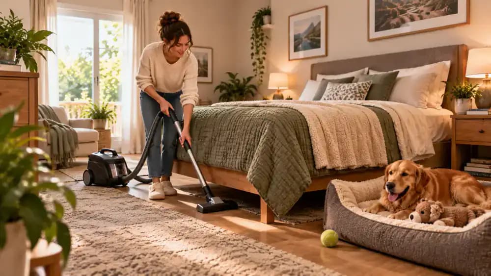 Bedroom with washable bed cover, nearby dog bed, and vacuum around the frame