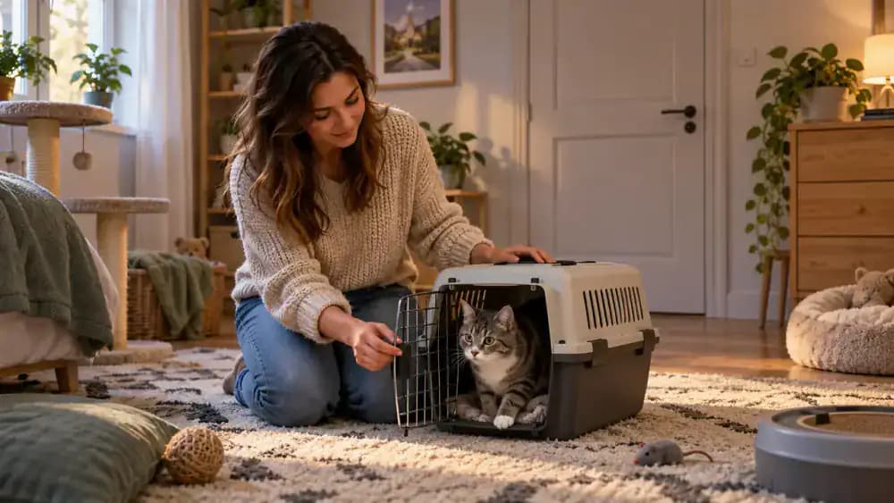 Owner sitting quietly while a new cat remains inside an open carrier