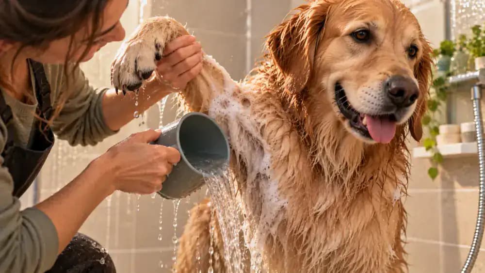 Close-up of an owner gently lifting a wet dog's front leg while rinsing remaining underarm suds with a small cup.