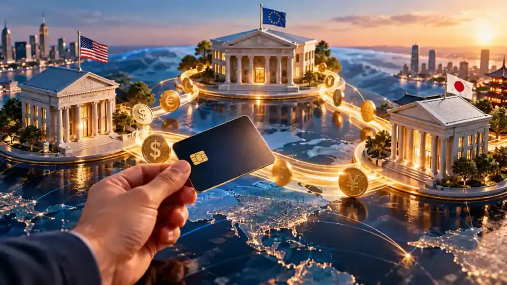 Three financial institutions connected by coins flowing through an international credit card payment network.
