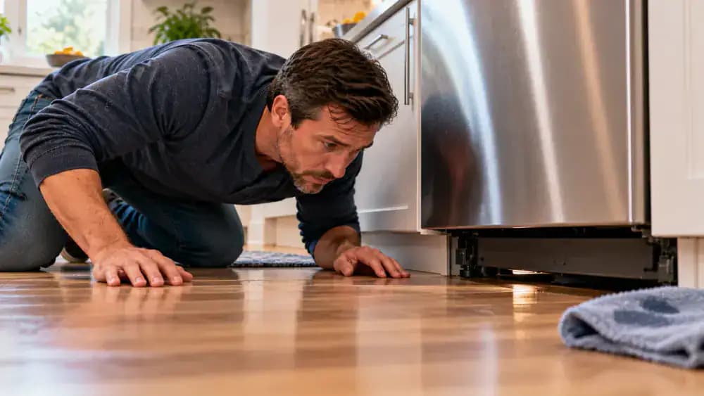 Adult crouching beside a closed dishwasher during a rinse cycle, listening for unusual sounds and checking beneath the door with a dry paper towel before opening it after the cycle to check for odor.