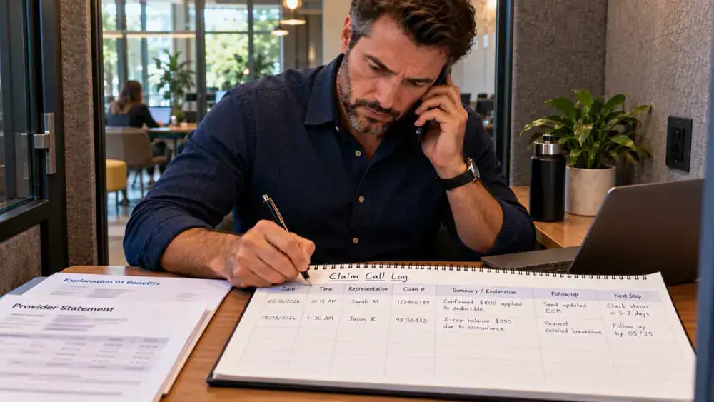 Adult in a soundproof coworking phone booth documenting an insurance call in a claim log with columns for call date, representative name, department, claim reference, explanation, and follow-up, beside fictional EOB and provider bill documents.