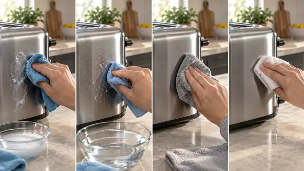 Close-up of a stainless steel appliance side panel as a person cleans one thumb-sized streak with separate microfiber cloths, following the metal grain and keeping moisture away from seams and electrical openings.