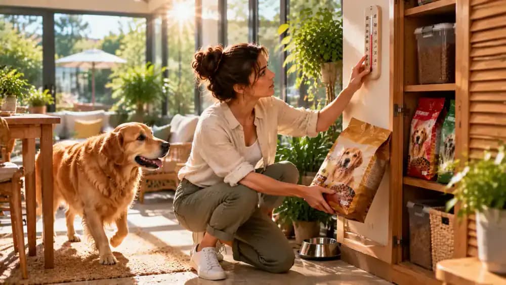Pet owner checking a digital thermometer in a sunlit summer sunroom while holding a sealed bag of dog food beside a warm storage cupboard.