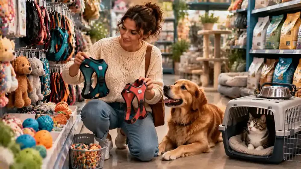Adopter compares harness sizes, checks toy safety labels, and selects rescue-recommended food in a pet supply store before arranging feeding, resting, and enrichment areas at home.
