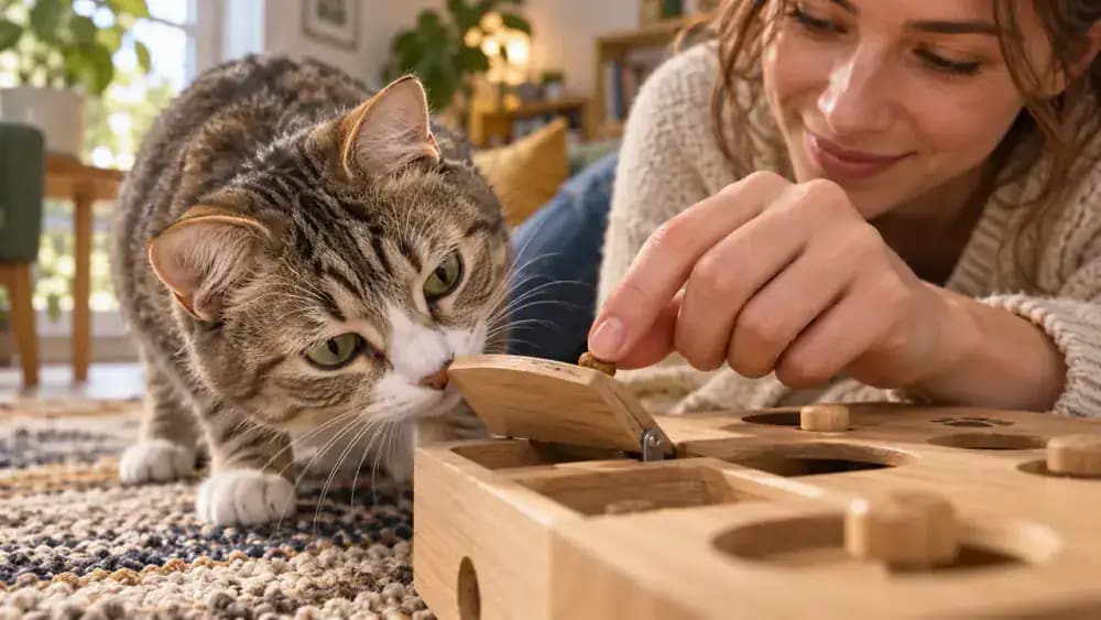Owner placing a scented treat near the edge of a cat puzzle opening