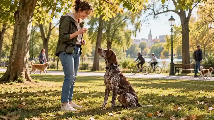 German Shorthaired Pointer focusing on its owner in a quiet grassy area of an urban park, with playing dogs and cyclists visible in the distance.