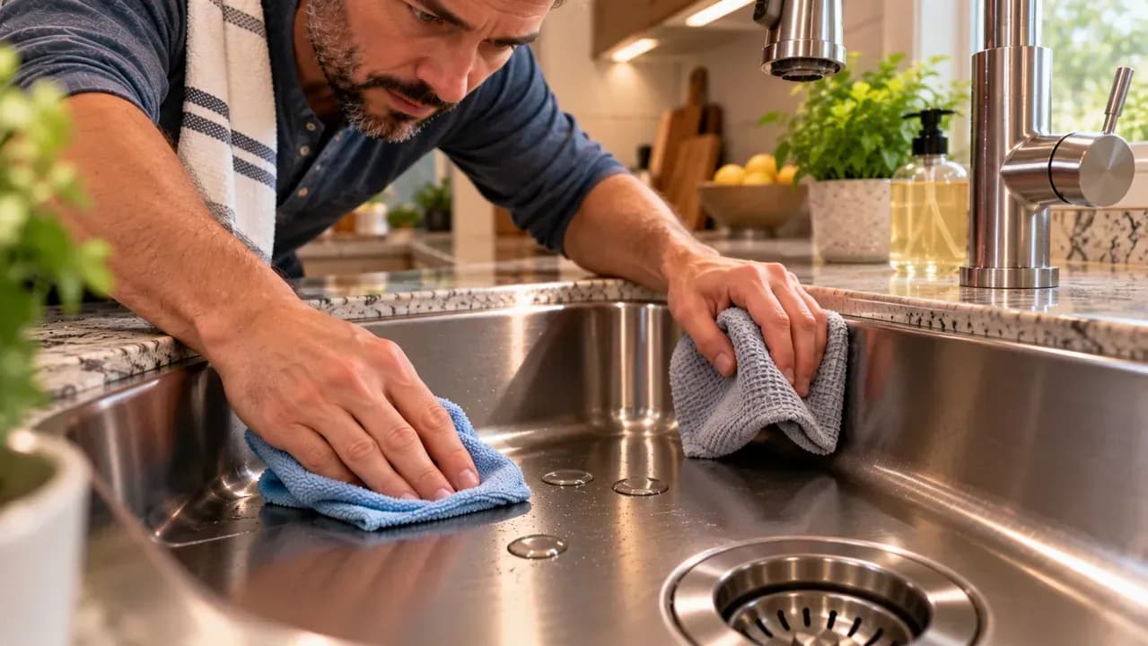Close-up of a homeowner wiping three fresh water spots from a stainless steel sink with a damp microfiber cloth in the direction of the grain while holding a second dry towel.