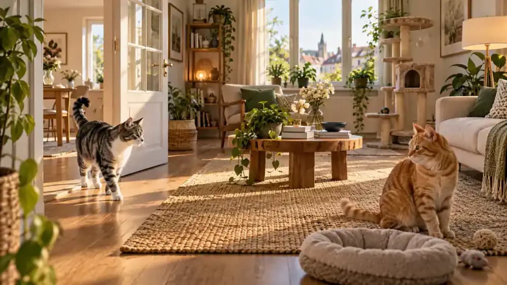 Luna enters the living room while Milo approaches voluntarily before both cats move to separate resting places