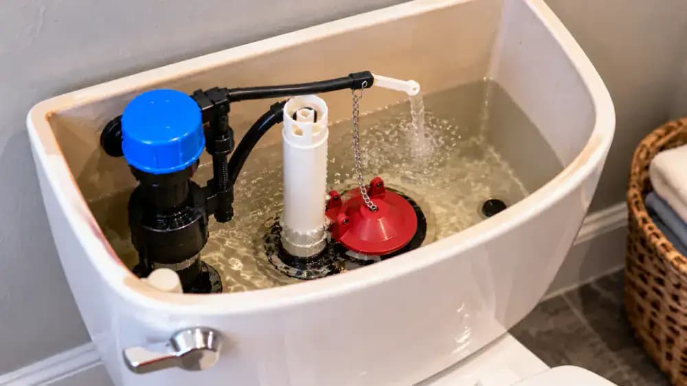 Homeowner gently reopening the metal toilet water shutoff valve beside a white toilet, followed by an open tank refilling around a newly installed black rubber flapper as the float rises, with a close-up of the braided supply connection and dry bathroom floor.