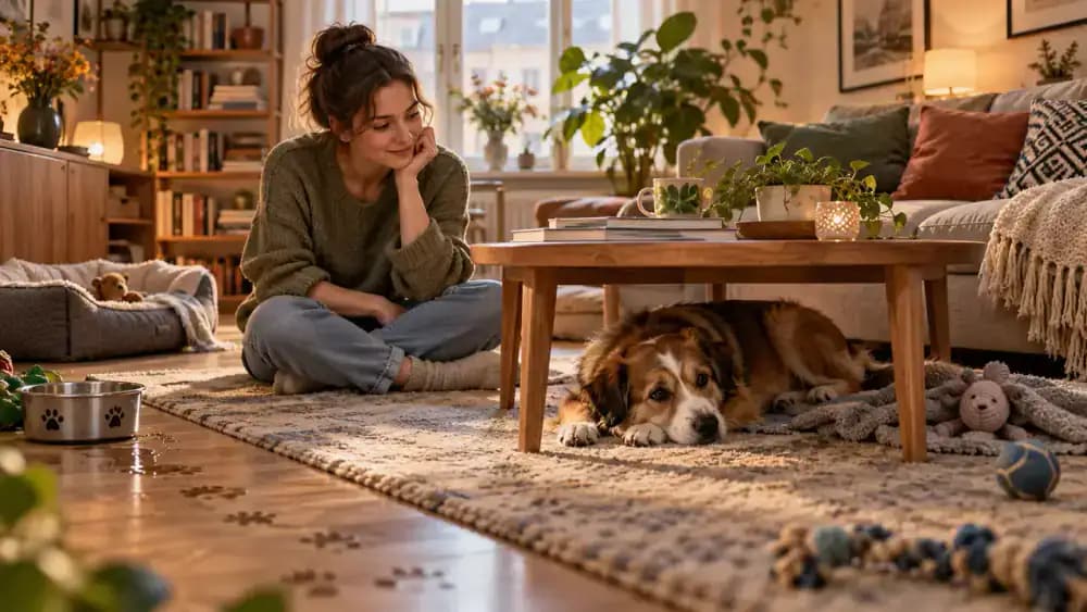 New dog sniffing, pacing, drinking water, and resting while owner observes