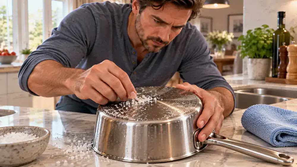 Close-up of hands cleaning salt crystals and greasy residue from the underside of a stainless steel saucepan with a microfiber cloth on a wooden cutting board beside a black glass-ceramic electric cooktop.