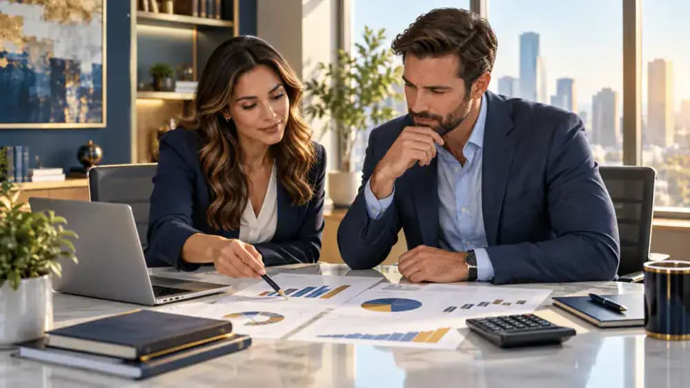 Insurance professional reviewing financial projections with a client.