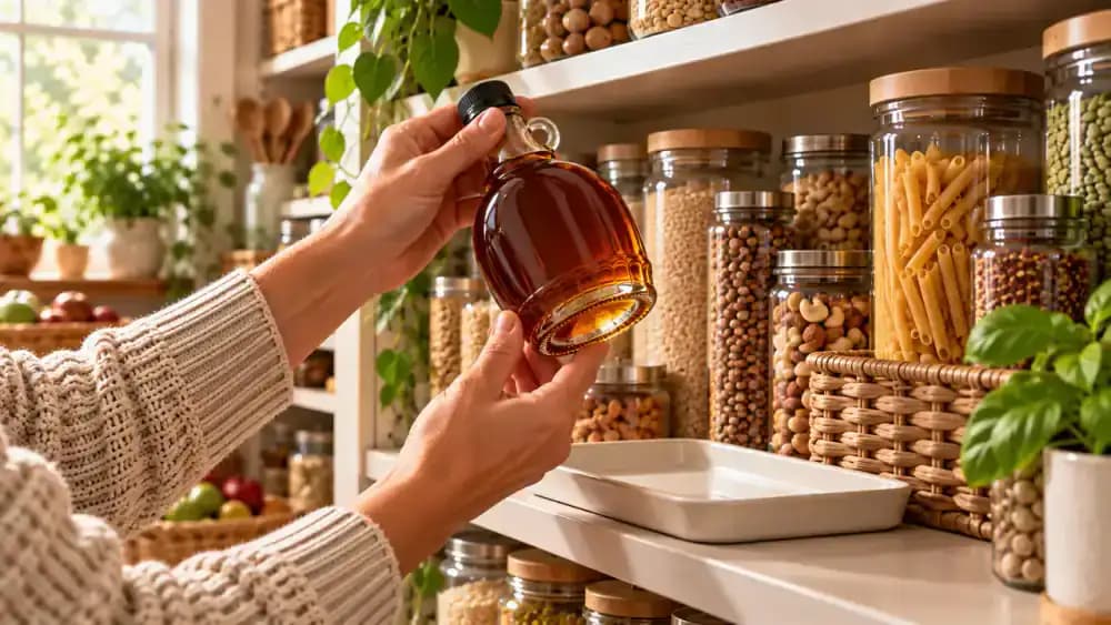 Close-up of a person inspecting the underside of an upright maple syrup bottle over a washable tray beside an organized pantry shelf, with honey and olive oil bottles nearby in a sunlit kitchen.