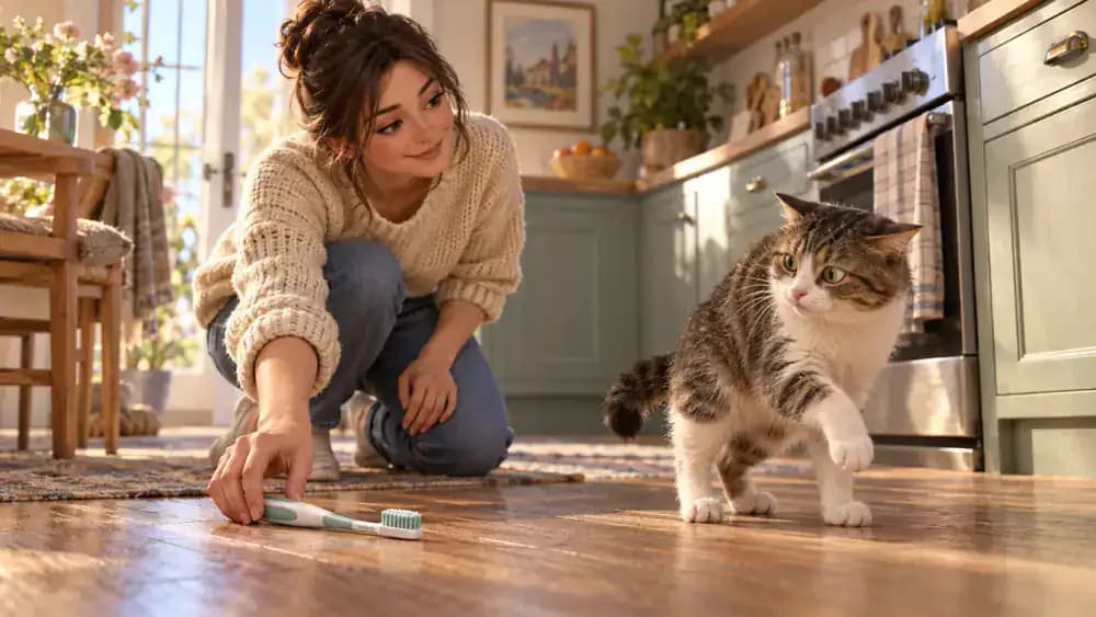 Cat stepping away from a toothbrush as its owner sets the brush aside and leaves a clear path