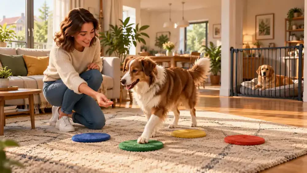 Two dogs taking separate turns in an indoor obstacle course, with one resting comfortably behind a secure interior gate while the other practices a simple walking challenge with its owner.