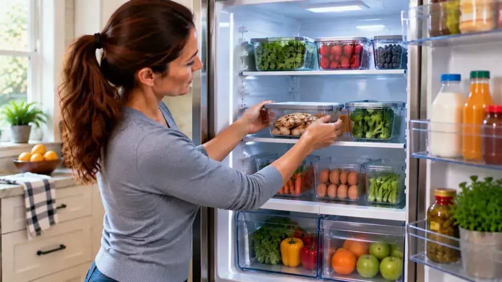Person arranging sealed food containers and bottles on a clean refrigerator shelf with an organizer bin for better storage