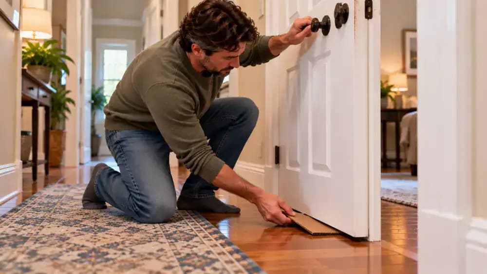 Low-angle view of a homeowner holding the nickel handle of a white interior door while sliding folded cardboard support from beneath it, with three brass hinges and hardwood flooring visible.