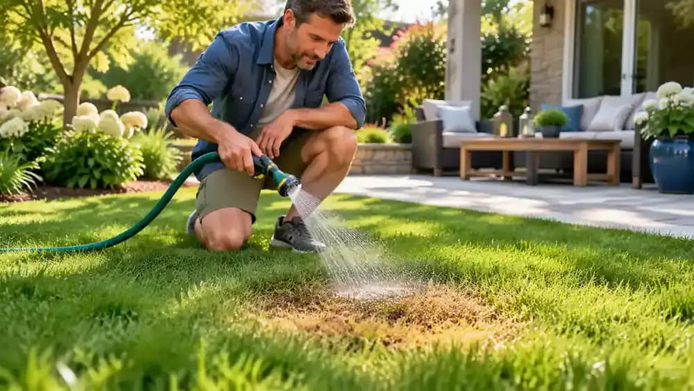 Homeowner using a garden hose on a gentle setting to briefly rinse a small discolored lawn patch beside healthy green grass near a backyard patio.