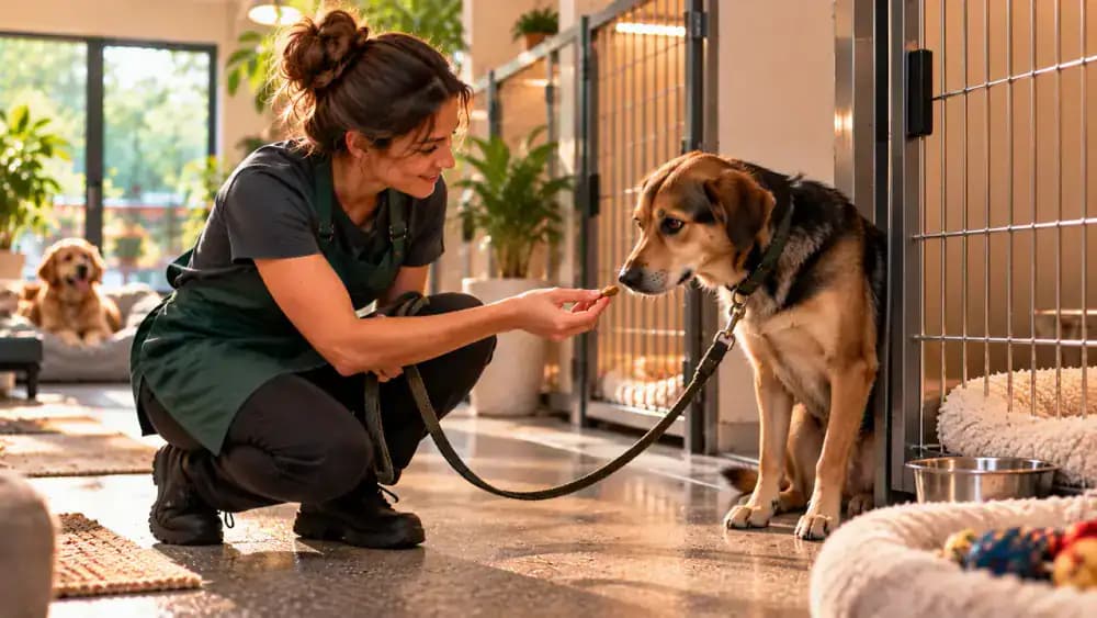 Trained boarding caregiver approaching a hesitant dog sideways and offering a treat without pulling its leash, while another caregiver patiently sits near a nervous cat resting inside a covered hiding space.