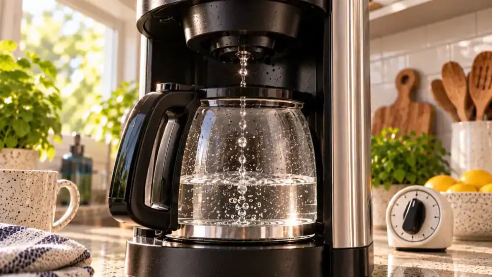 Low-angle close-up of a cleaned coffee maker brewing into a centered carafe with a smooth stream flowing from the brew head and a kitchen timer beside the machine.