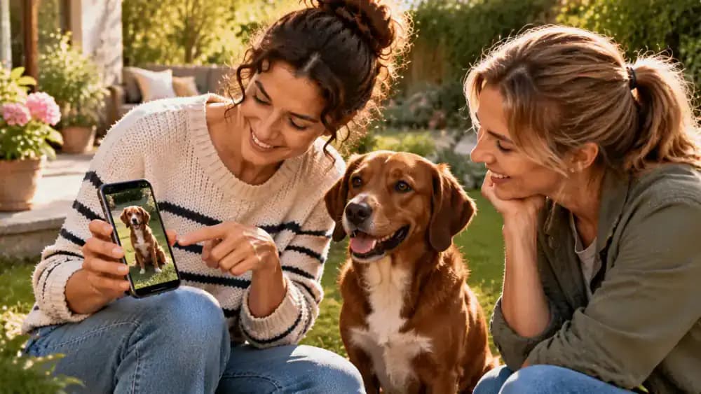 A pet owner saves a recent photo of a brown dog with a white chest on a phone and practices describing the dog's recognizable markings to a friend.