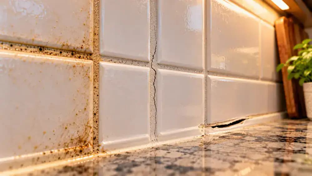 Close-up of blue-gloved hands using a rounded plastic pointer and angled inspection light to compare dark but intact cement grout, a hairline grout crack, and separated silicone caulk along a cream ceramic kitchen backsplash.