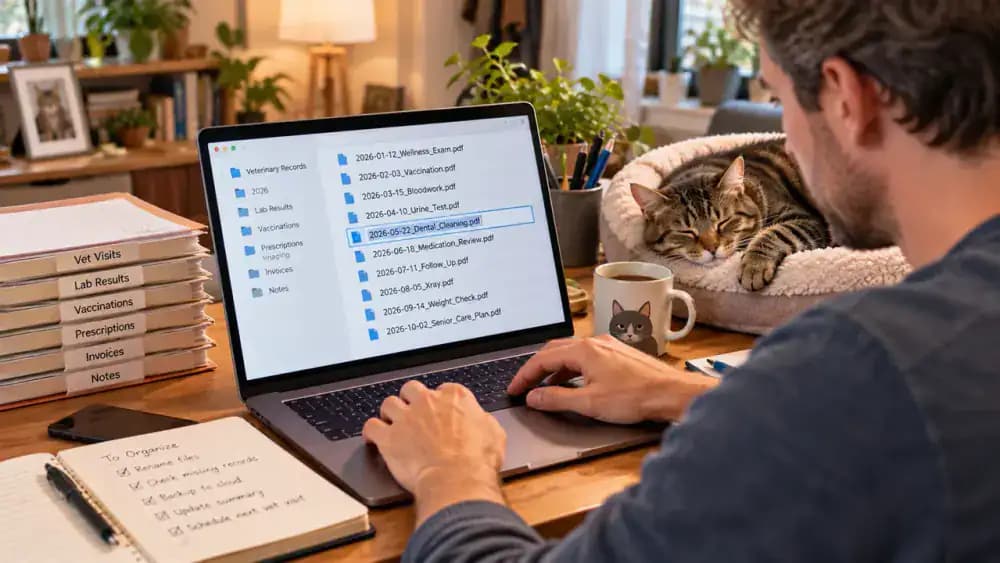 Laptop displaying neatly renamed veterinary documents organized by date, pet name, and document type
