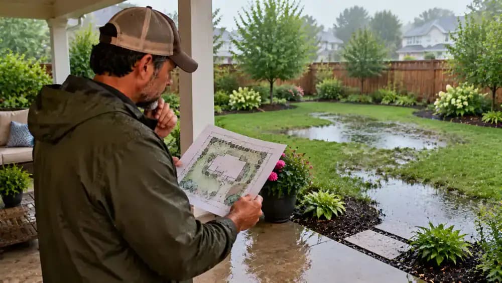 Homeowner standing on a dry covered back porch after rainfall, holding an original yard drainage sketch and clipboard while comparing marked puddle locations with shallow standing water, a downspout, and a gently sloping garden bed.