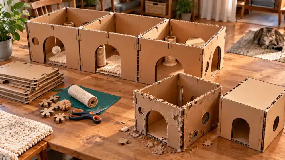 Adult labeling three detachable cardboard maze modules on a table, removing a worn section, and replacing it with a matching box while the cat stays in another room.