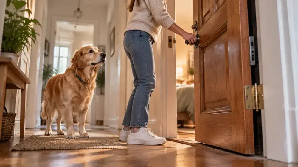 An owner calmly steps away from an interior doorway with an excited dog, secures the door, and resets farther back before rewarding a brief pause.