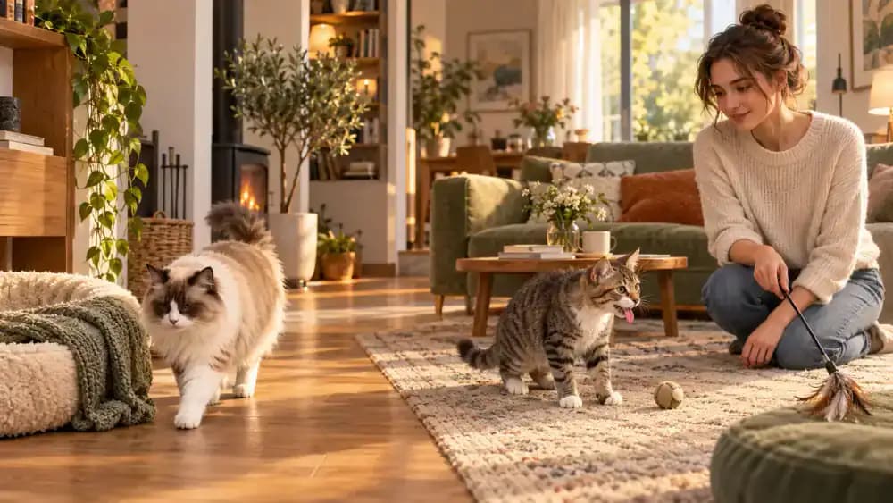 Senior cat gently following a slow toy on a rug