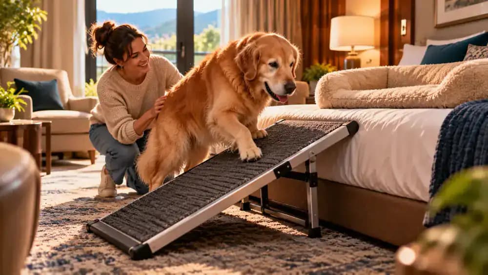Older small dog walking across a portable nonslip mat and using a low ramp in an accessible hotel suite, while a playful kitten investigates a narrow cabinet opening that its owner safely blocks.