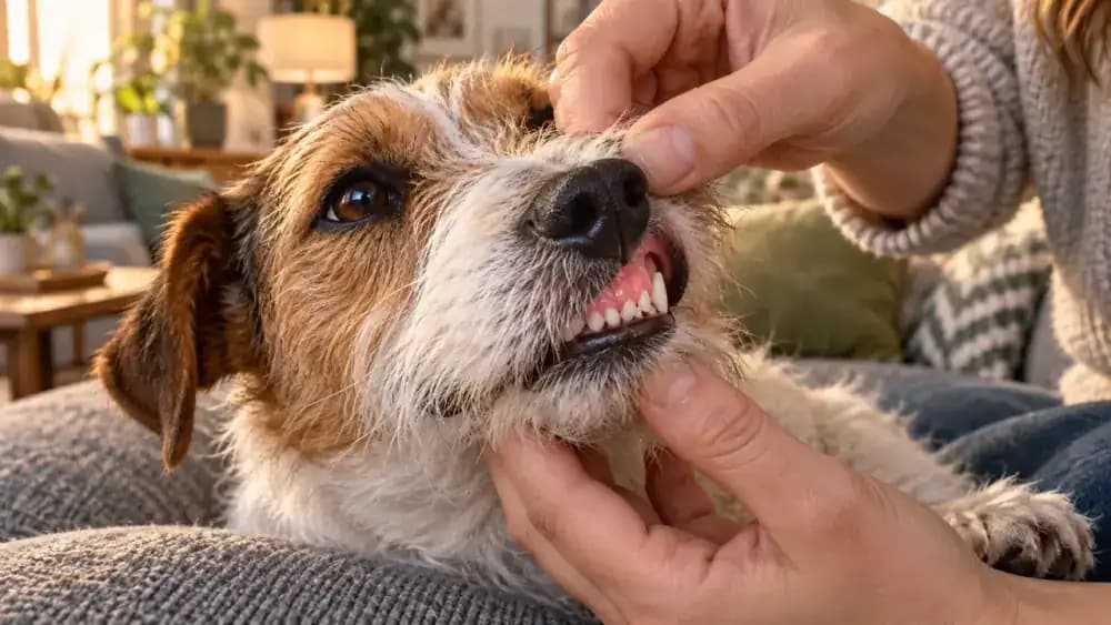 Small terrier sitting calmly as its owner gently lifts the upper lip to reveal front teeth