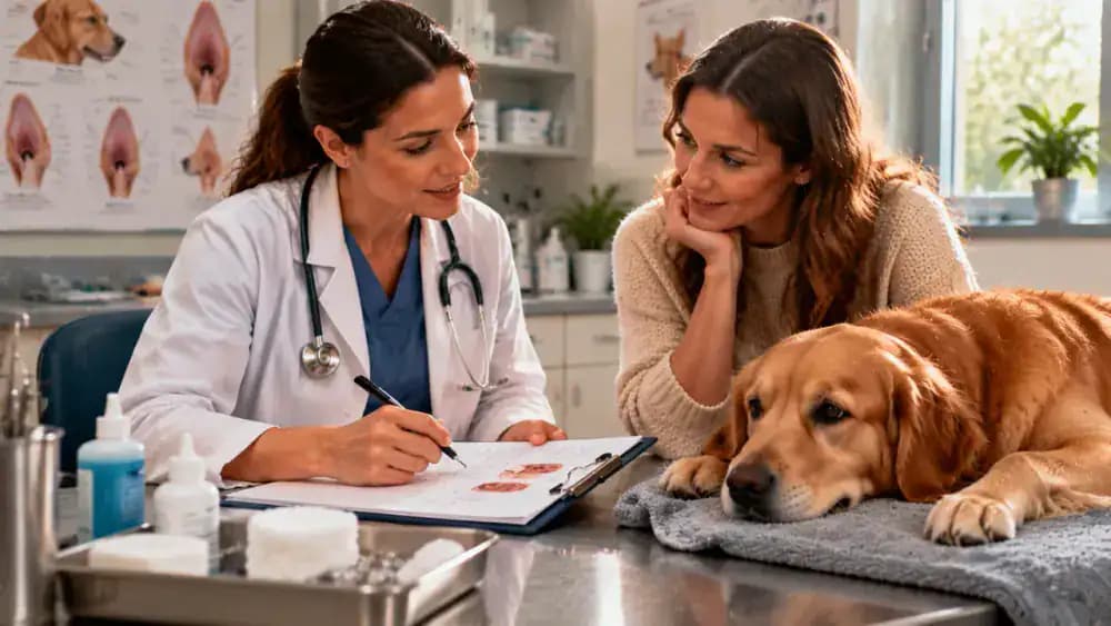 Owner sharing a pet health record listing previous ear concerns and current treatments while a veterinarian reviews the notes and prepares an individualized care recommendation.