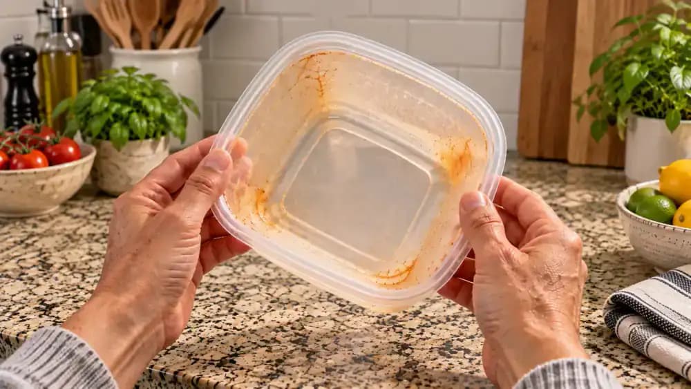 Two hands holding a clean, dry, transparent plastic food container against an illuminated white inspection panel, examining the rim, corners, and bottom for fine scratches and cracks while orange tomato stains remain visible.