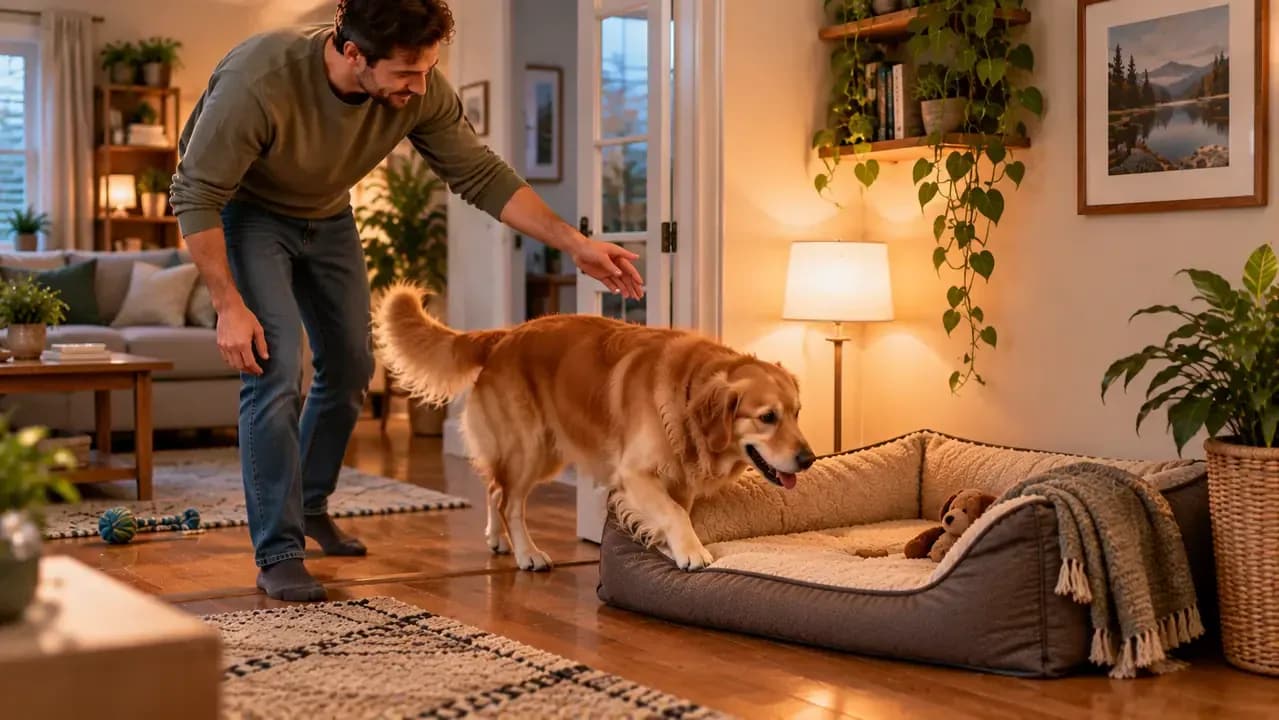 Owner calmly guiding an overexcited dog toward a resting area without scolding