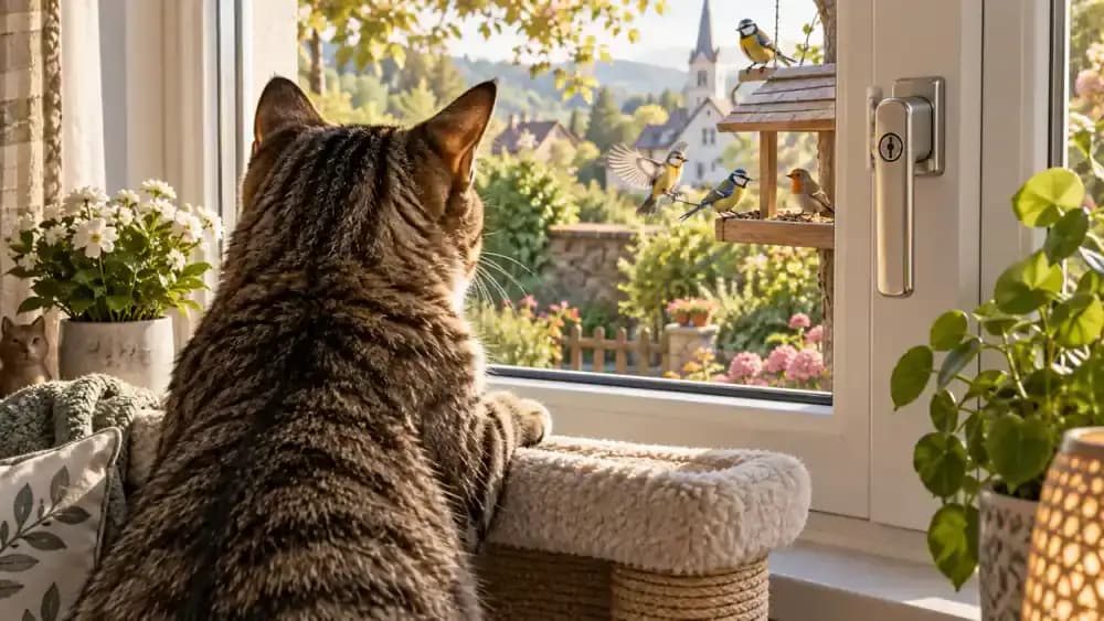 Striped tabby cat resting on a sturdy window perch in an upstairs bedroom, watching birds near a garden feeder through a securely closed window.