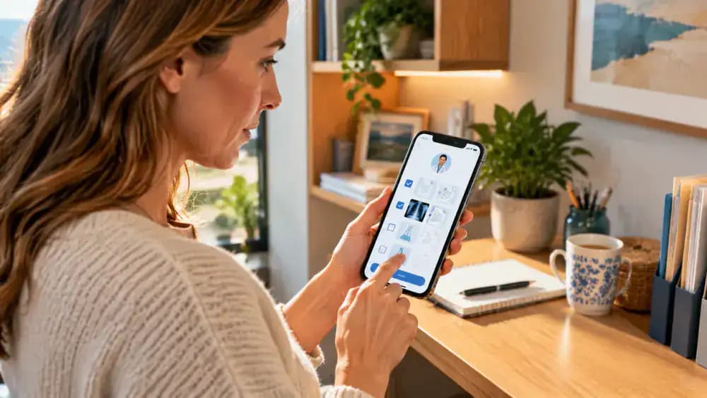 Patient using a smartphone to select fictional medical documents in a secure healthcare portal, verify the specialist recipient, upload requested files, and save a sample submission confirmation.