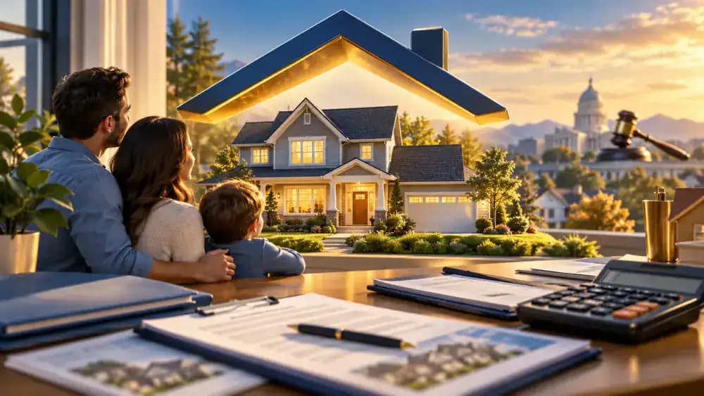 Residential house beneath a protective roof silhouette with a distant courthouse gavel representing potential foreclosure proceedings.