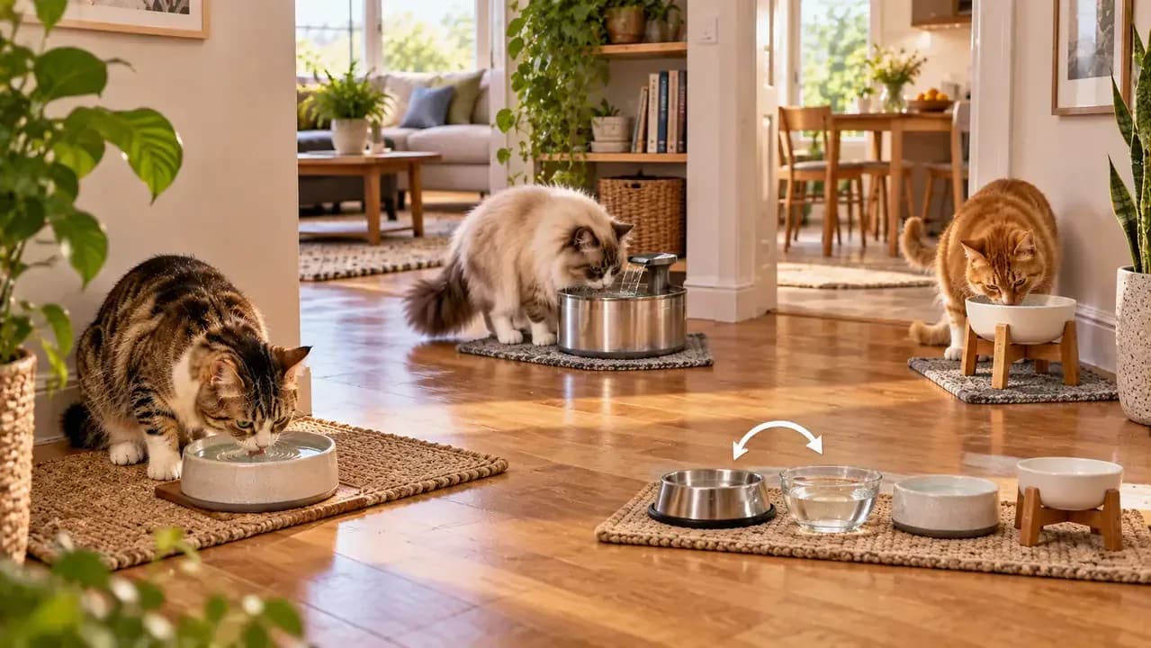 Several familiar cat water stations staying in fixed locations while one bowl style is changed
