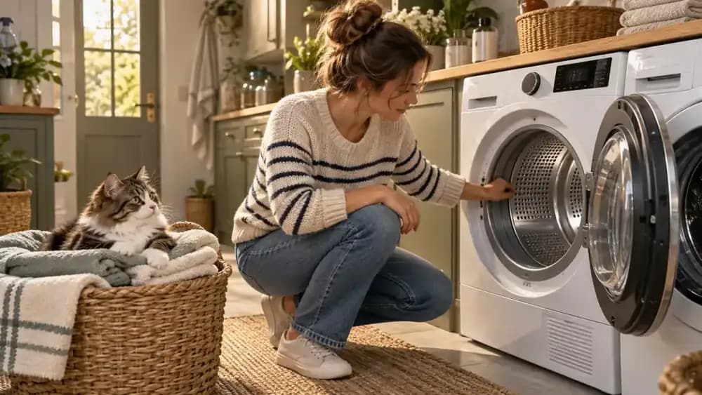 Owner checking inside an empty dryer while a cat rests safely in a basket of clean towels