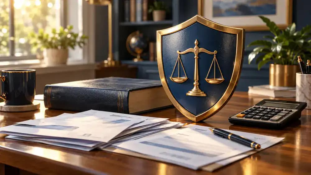 Protective shield beside a closed law book and household bills on a desk.