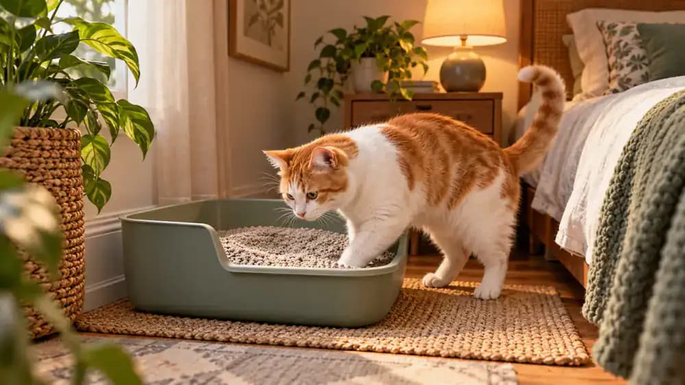 White and orange cat investigating a quiet bedroom corner while its owner places an additional litter box nearby instead of relying on a decorative station elsewhere.