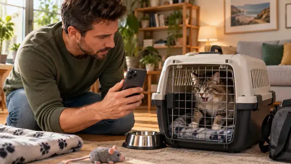 Owner observing a restless cat in a stationary carrier and recording travel reactions on a phone
